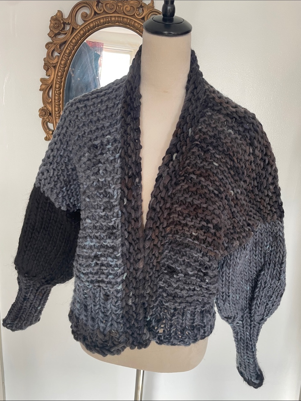 Chunky Hand Knit Handspun Hand Dyed Open-Front Cardigan Sweater Blue Gray Black